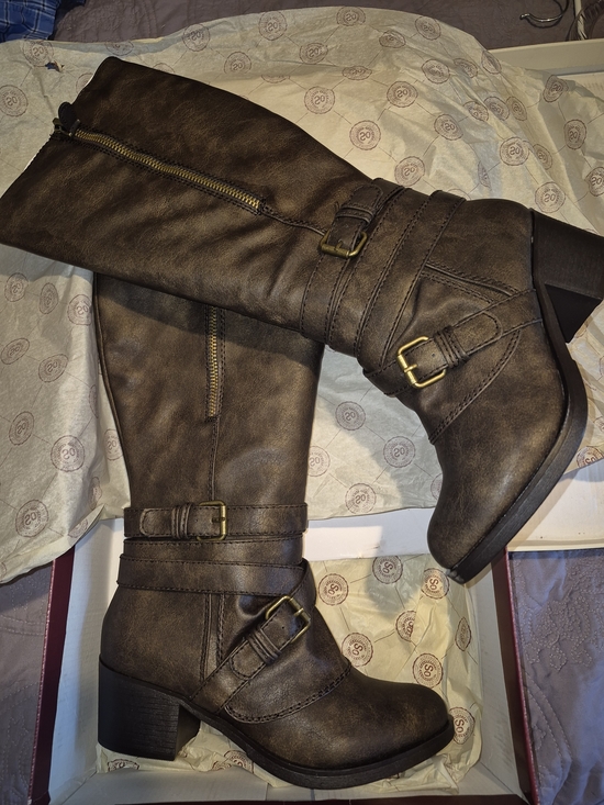 Shoes - Women's Brown Mid-Calf Buckle Riding Boots